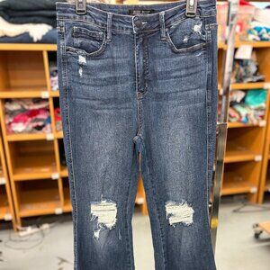 Judy Stretch Medium Wash Blue Ripped Distressed Denim Flare Jeans